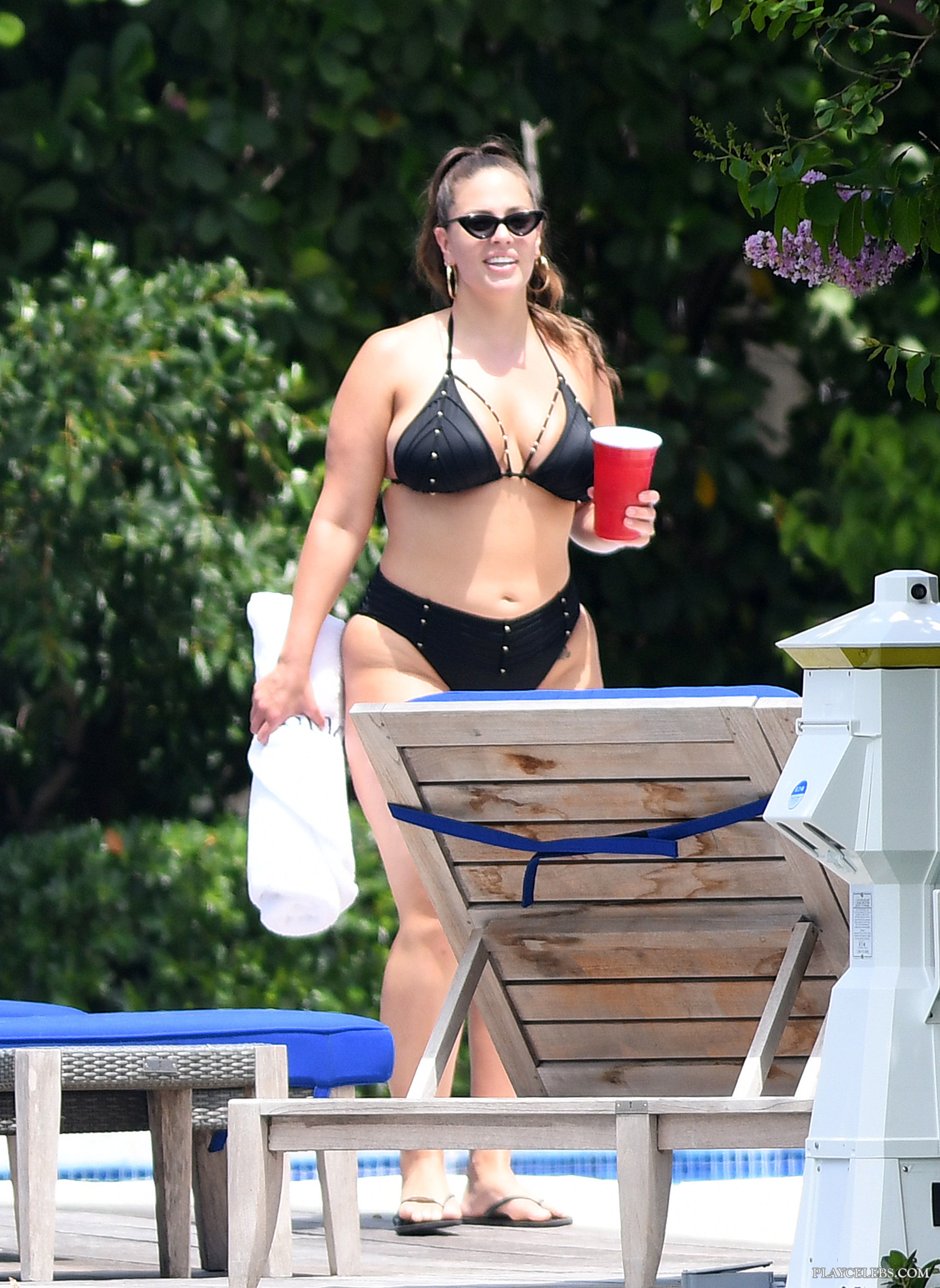 Ashley Graham Sunbathing In Black Bikini